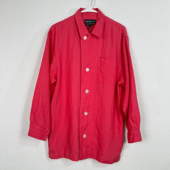 Vtg Ralph Lauren L/S Button up Tunic Top Size 8 Pink 100% Linen - Picture 1 of 9